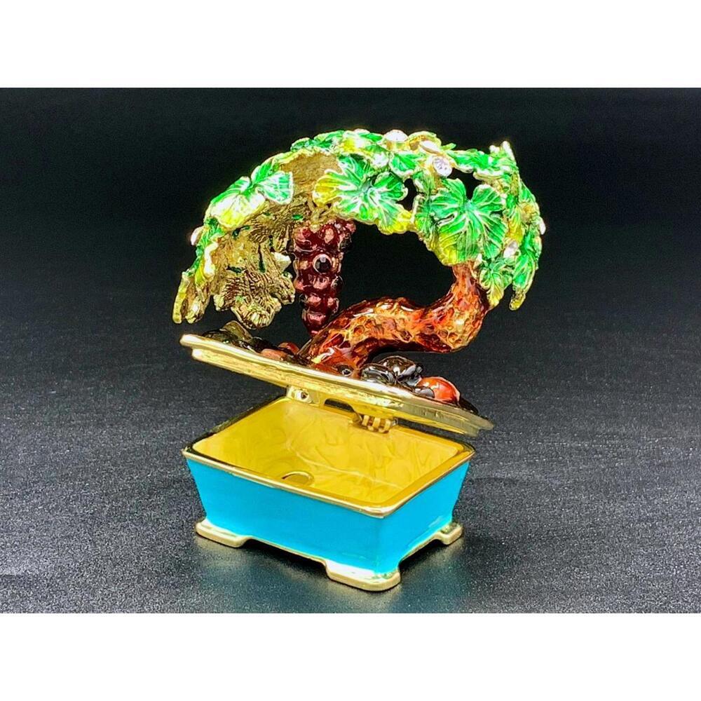 Enamel Bonsai Tree Grape Vine Trinket Box Rhinestone Blue Planter Pill Box Decor